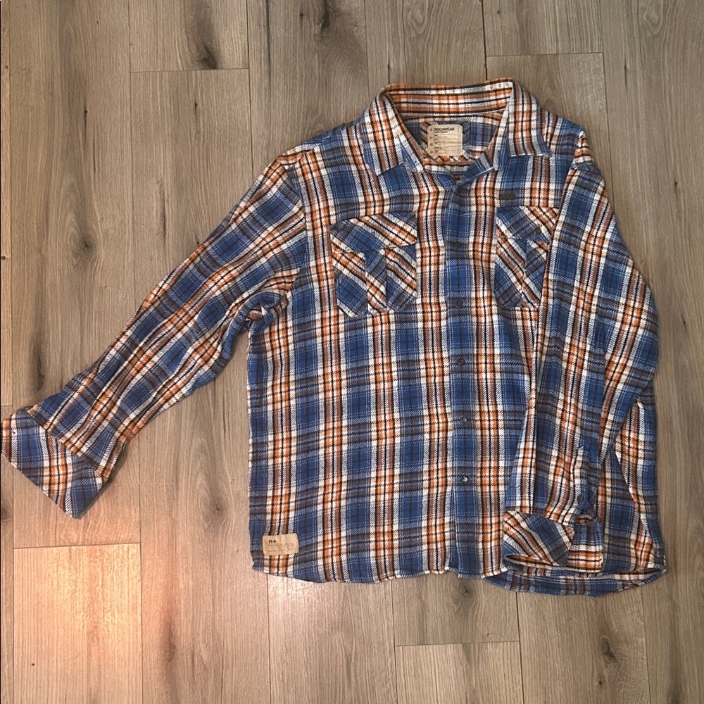 Rocawear Men's Blue and Orange Checkered Shirt